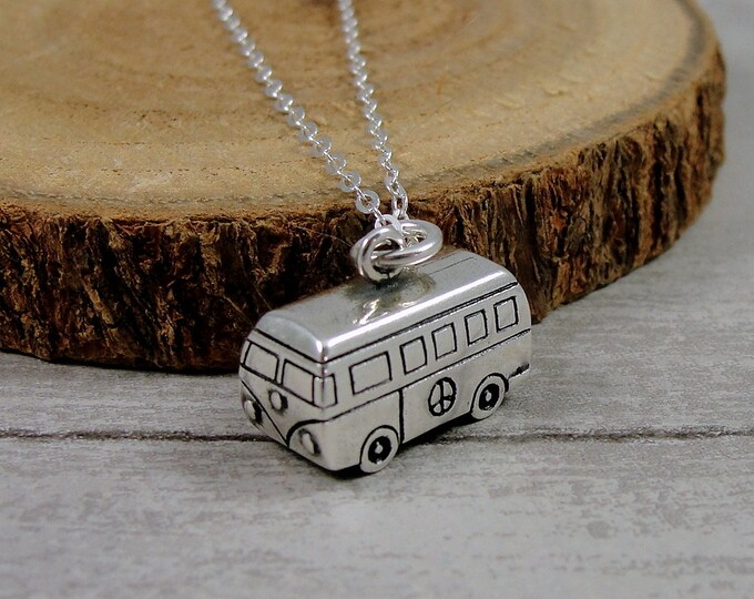 Sterling Silver VW Bus Necklace, Hippie Van Necklace, VW Hippie Bus Charm, 3D Hippie Camper Necklace, Gift for Hippie