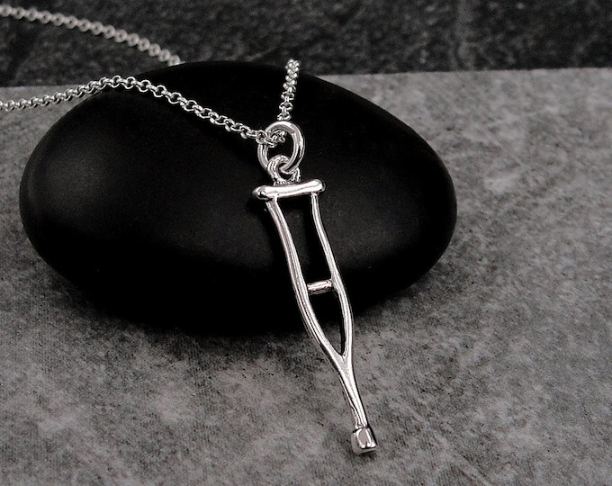 Crutch Necklace, Sterling Silver Crutches Charm on a Silver Cable Chain, Break a Leg Necklace, Good Luck Charm, Medical Injury Charm Jewelry
