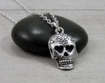 Sugar Skull Necklace, Silver Sugar Skull Charm on a Silver Cable Chain