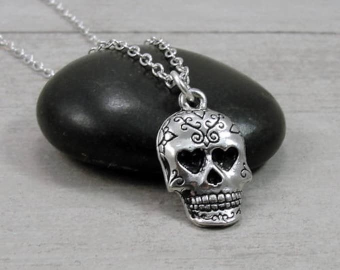 Sugar Skull Necklace, Silver Sugar Skull Charm on a Silver Cable Chain
