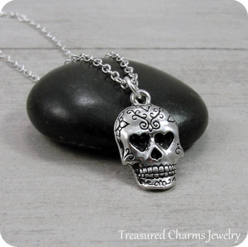 Sugar Skull Necklace Silver Sugar Skull Charm on a Silver Etsy