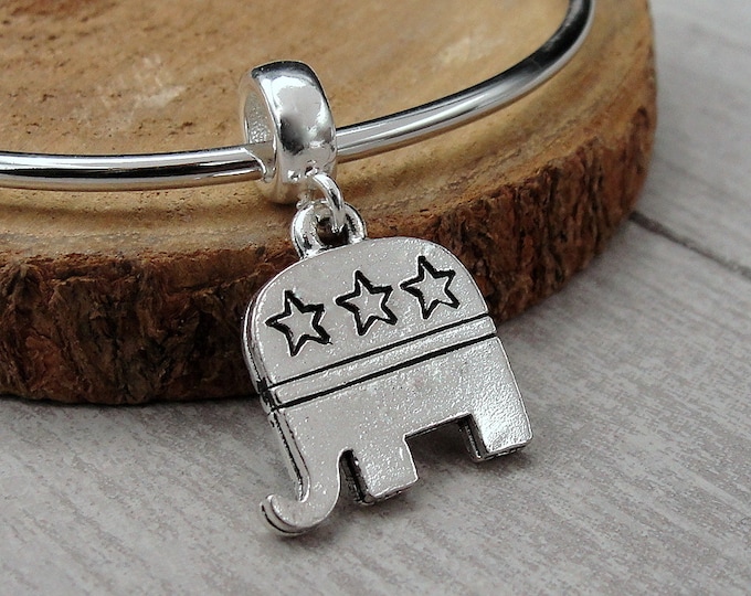 Republican Elephant European Charm, Silver Republican Dangle Charm, Republican Elephant Charm, Conservative Political Charm, Large Hole Bead