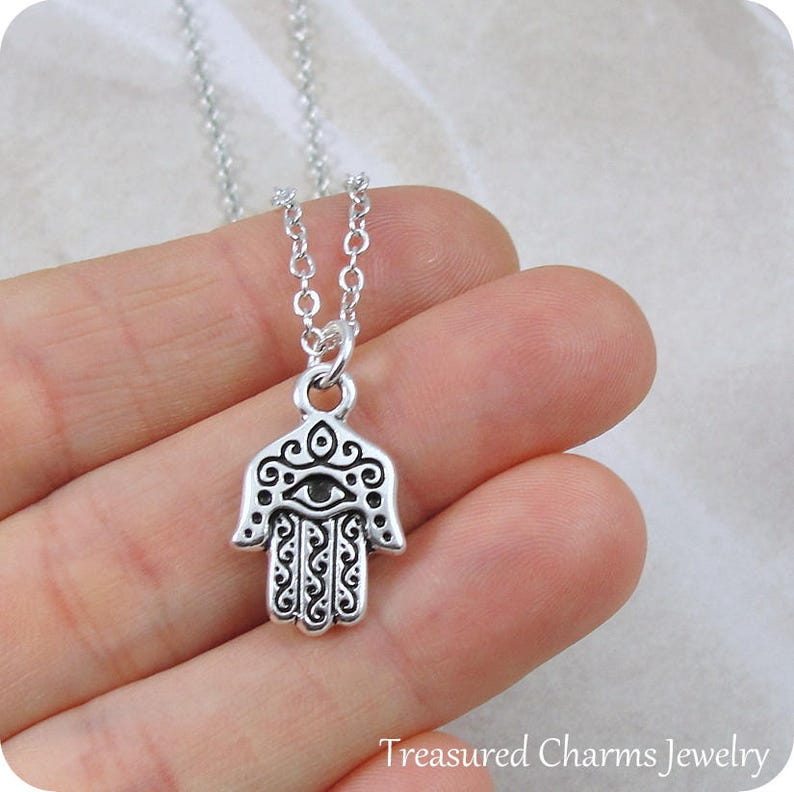 Hamsa Necklace, Silver Hamsa Charm on a Silver Cable Chain image 2