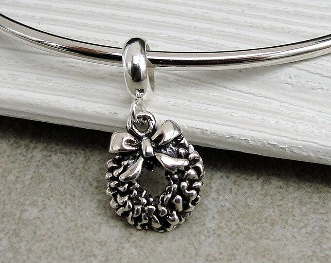 Christmas Wreath European Charm, Sterling Silver Christmas Wreath Dangle Charm, Wreath Charm, Wreath Bracelet Charm, Large Hole Bead