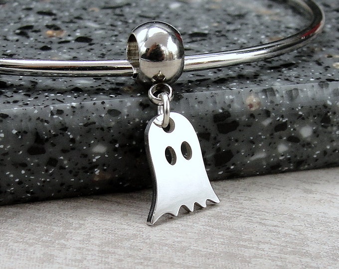 Stainless Steel Ghost European Dangle Bead Charm, Silver Ghost Charm, Halloween Ghoul Charm, Spooky Charm, Big Hole Bead, Large Hole Bead