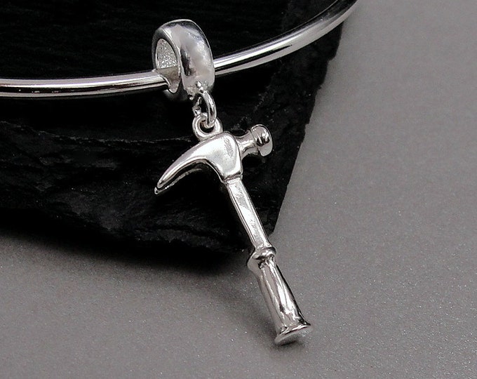 3D Hammer European Charm, Sterling Silver Hammer Dangle Charm, Claw Hammer Charm with Bail, Snake Bracelet Charm, Large Hole Bead