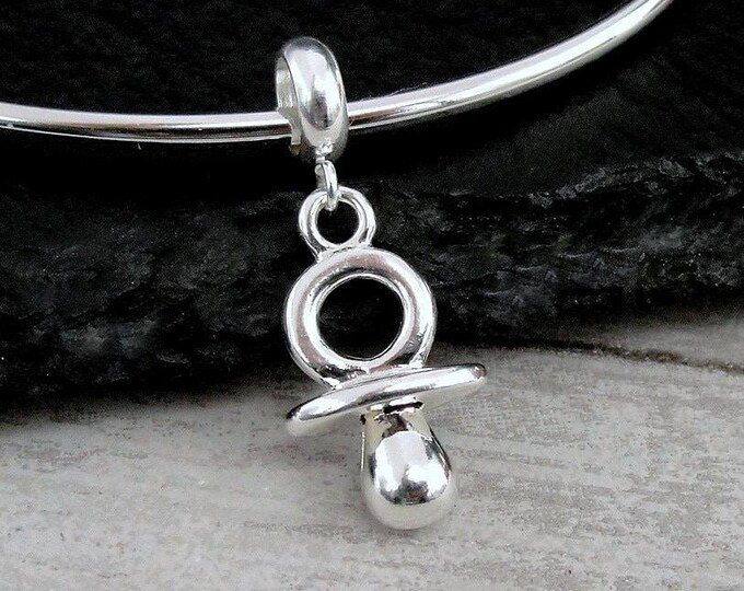 Pacifier European Charm, Silver 3D Baby Pacifier Dangle Charm, Binky Charm with Bail, Newborn Baby Charm, Baby Shower Gift, Large Hole Bead