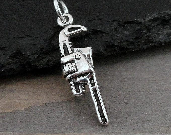 Pipe Wrench Charm, 925 Sterling Silver 3D Pipe Wrench Pendant, Monkey Wrench Charm, Handyman Charm, Plumber Charm, Plumber Gift