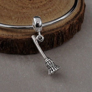 Broom European Charm, Sterling Silver 3D Broomstick Dangle Charm, Broom Charm with Bail, Witch Broom Charm, Halloween Charm Jewelry