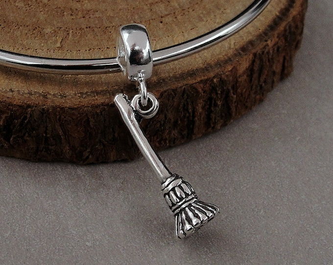 Broom European Charm, Sterling Silver 3D Broomstick Dangle Charm, Broom Charm with Bail, Witch Broom Charm, Halloween Charm Jewelry