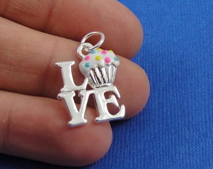 Love Cupcake Charm - Silver Plated Love Vanilla Cupcakes Charm for Necklace or Bracelet
