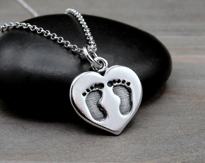 Baby Footprints on Heart Necklace, 925 Sterling Silver Baby Footprints Charm, Baby Shower Gift, Newborn Keepsake Charm, Baby Feet Pendant
