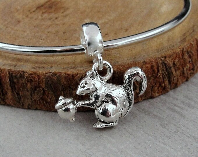 Squirrel European Charm, Silver Squirrel Dangle Charm, Squirrel Charm, Chipmunk Charm, Squirrel Lover Charm, Large Hole Bead, Squirrel Gift