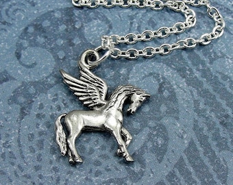 Pegasus Necklace, Silver Plated Pegasus Charm on a Silver Cable Chain