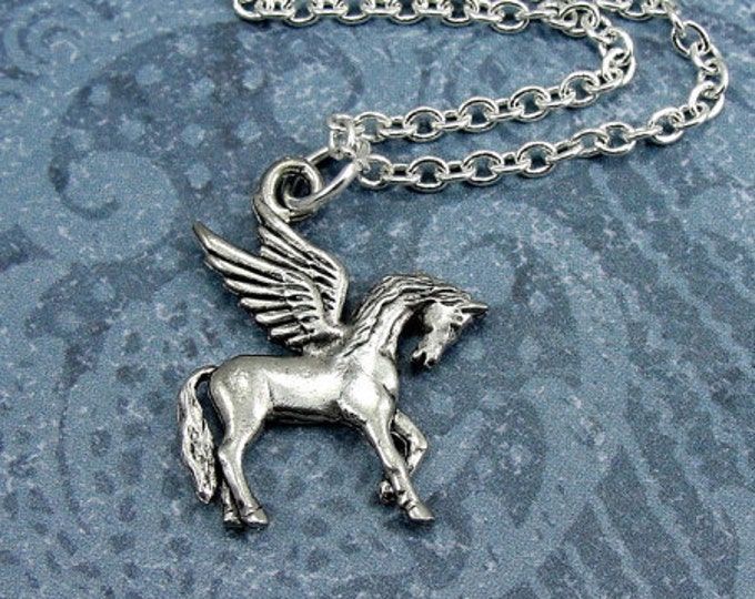 Pegasus Necklace, Silver Plated Pegasus Charm on a Silver Cable Chain