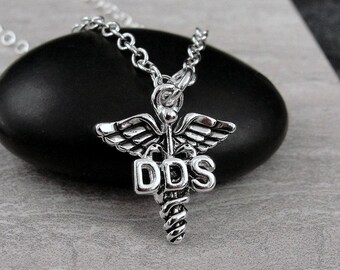 DDS Caduceus Necklace, Silver Plated DDS Dentist Charm Necklace, Dentist Necklace, Dental Charm, Dentist Gift, Dental School Graduation Gift