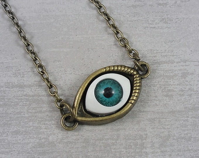 Blue Evil Eye Necklace, Antique Bronze Evil Eye Charm on a Bronze Cable Chain