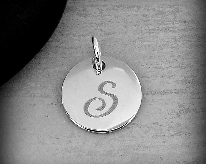 Stainless Steel Letter S Charm, Silver Engraved Letter S Round Disc Initial Charm, Cursive S Charm, Engraved Alphabet Script Font Pendant