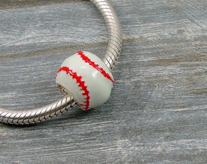 Baseball European Charm, Baseball European Bead, Softball European Charm, Softball Large Hole Bead, Sports Jewelry, Baseball Softball Gift