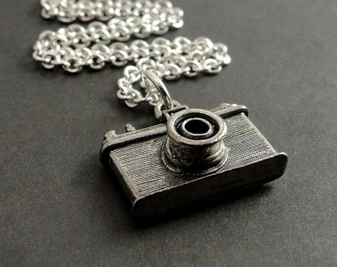 Camera Necklace, Silver Plated Camera Charm on a Silver Cable Chain