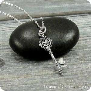 Filigree Double Heart Key Necklace, Sterling Silver Fancy Heart Key Charm on a Silver Cable Chain