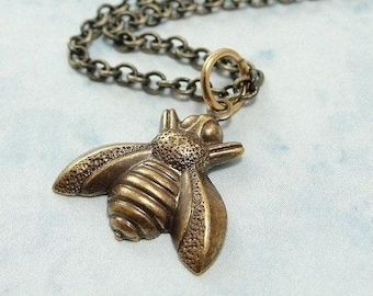 Bumble Bee Necklace, Antique Bronze Bumble Bee Charm on a Bronze Cable Chain