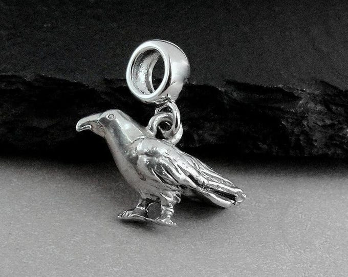 Crow European Charm, Silver 3D Raven Dangle Charm, Black Bird Charm, Silver Rook Charm, Crow Large Hole Bead, Crow Gift, Raven Gift Jewelry