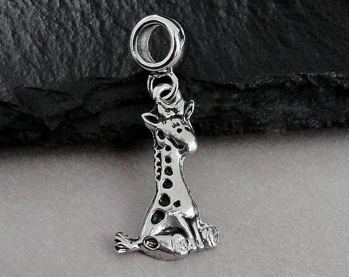 Giraffe European Charm, Silver Giraffe Dangle Charm, Baby Giraffe Charm with Bail, Giraffe Bracelet Charm, Giraffe Large Hole Bead