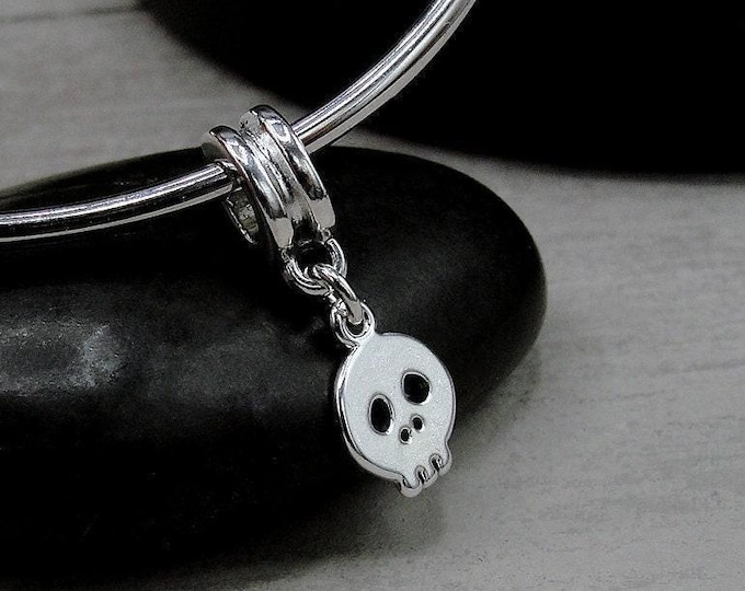 Silver Skull Dangle Bead Charm, Tiny Goth Skull Charm, Skeleton Charm, Halloween Charm, Bracelet Charm, Large Hole Bead, Big Hole Bead