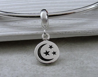 925 Sterling Silver Moon and Stars Dangle Bead Charm, Crescent Moon European Charm, Celestial Charm, Bracelet Charm, Large Hole Bead