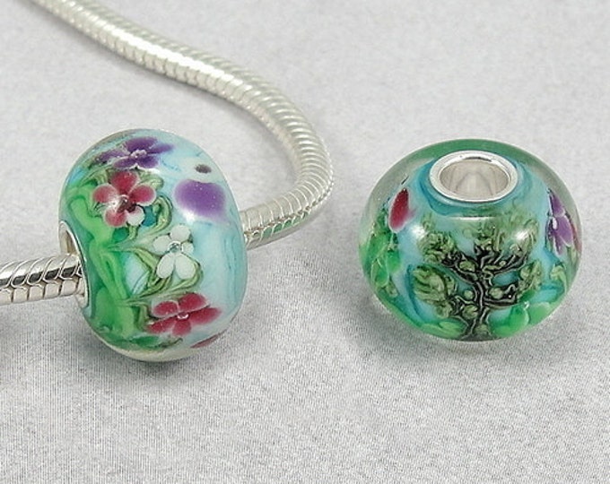Spring Flowers Large Hole Lampwork Glass Bead - 925 Sterling Silver European Bead Charm