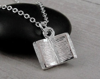 Open Book Necklace, Silver Plated 3D Book Charm Necklace, Author Necklace, Writer Necklace, Book Lover Necklace, Librarian Necklace