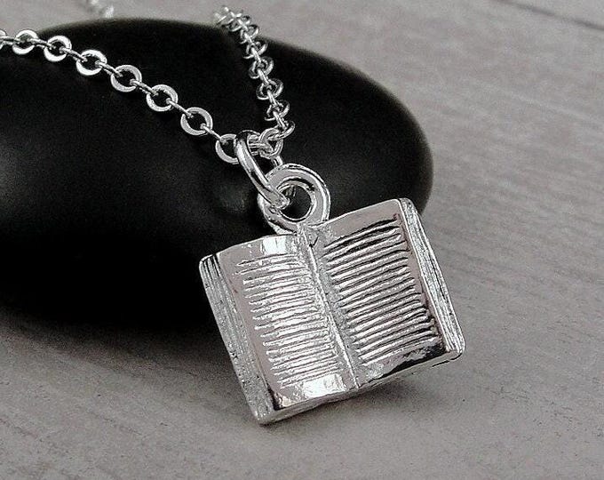 Open Book Necklace, Silver Plated 3D Book Charm Necklace, Author Necklace, Writer Necklace, Book Lover Necklace, Librarian Necklace