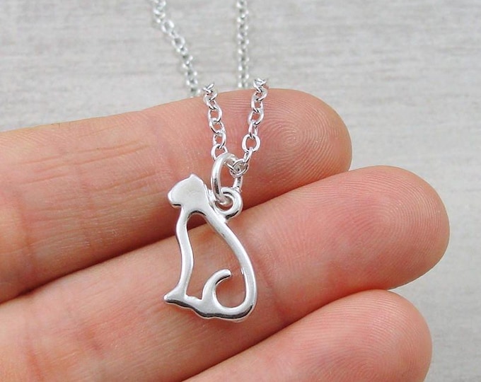 Kitty Cat Outline Necklace, Silver Cat Silhouette Charm on a Silver Cable Chain