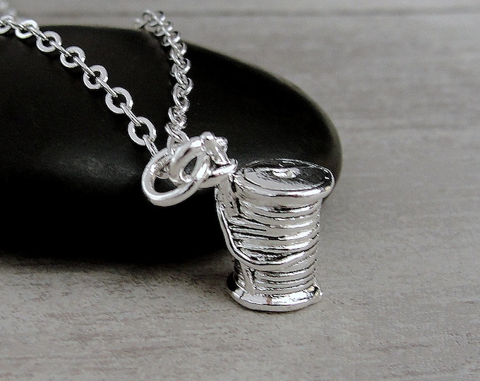 Sewing Necklace, Silver Plated Spool of Thread Charm Necklace, Spool of Thread Charm, Sewing Charm, Sewing Gift, Sewing Jewelry