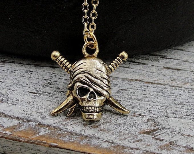 Pirate Skull Necklace, Gold Pirate Skull Charm Necklace, Gold Pirate Pendant, Pirate Swords Charm Necklace, Pirate Jewelry, Gift for Pirate