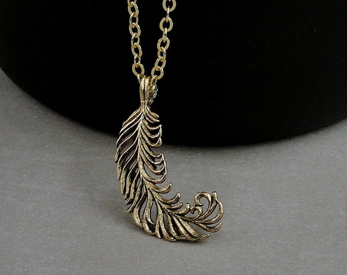 Ostrich Feather Necklace, Gold Feather Charm Necklace, Curled Feather Charm, Bird Feather Necklace, Feather Necklace Jewelry Gift