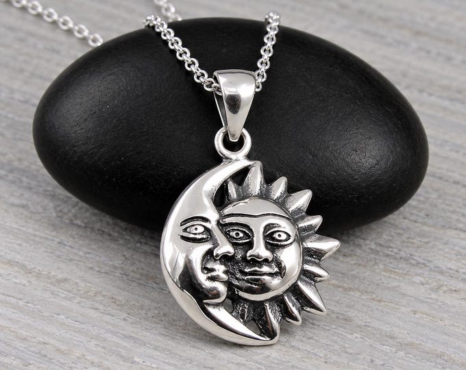 925 Sterling Silver Sun and Moon Necklace, Crescent Moon Charm Necklace, Sun Face Necklace, Celestial Moon Necklace, Celestial Sun Necklace