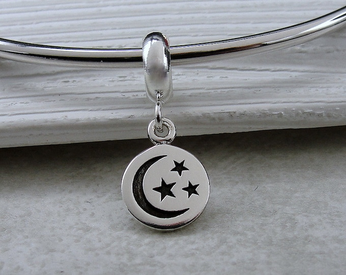 925 Sterling Silver Moon and Stars Dangle Bead Charm, Crescent Moon European Charm, Celestial Charm, Bracelet Charm, Large Hole Bead