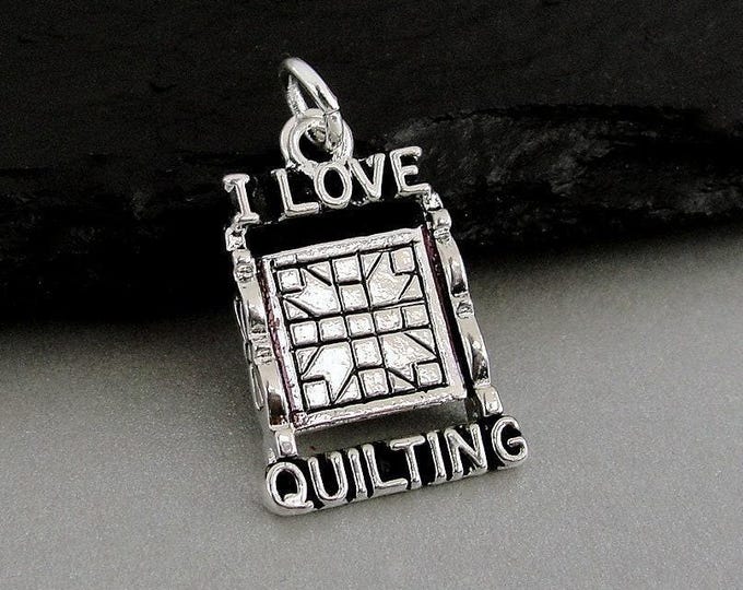 Silver Quilting Charm, Quilt Charm, I Love Quilting Charm, Quilter Jewelry, Quilting Necklace Charm, Bracelet Charm, Gift for Quilter