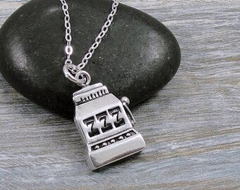 Slot Machine Necklace, Sterling Silver Slot Machine Casino Charm on a Silver Cable Chain