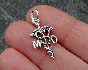 MD Caduceus Charm, Sterling Silver Doctor Charm for Necklace or Bracelet, Doctor Gift, Doctor Jewelry, 925 Doctor Pendant