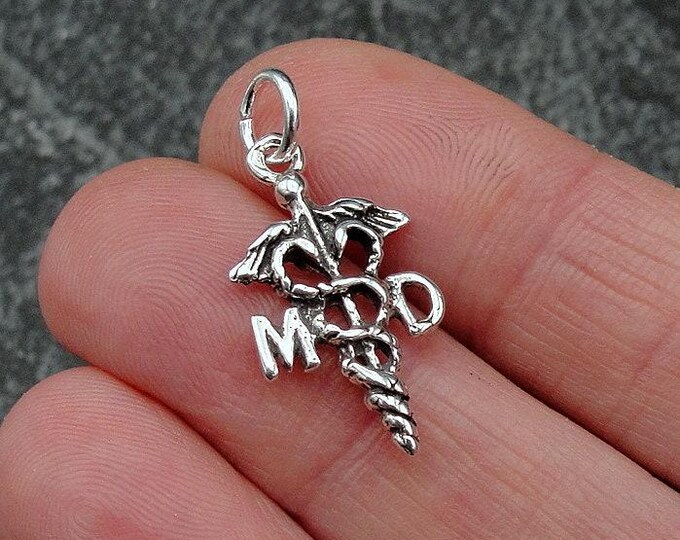 MD Caduceus Charm, Sterling Silver Doctor Charm for Necklace or Bracelet, Doctor Gift, Doctor Jewelry, 925 Doctor Pendant