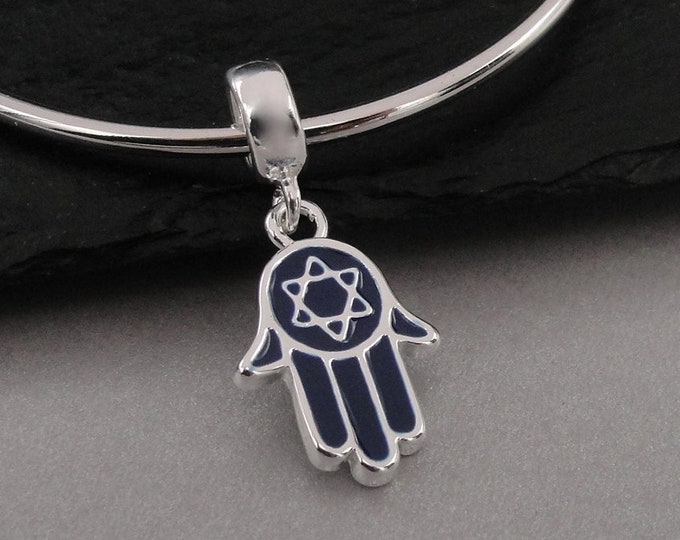 Star of David Hamsa European Charm, Silver Star of David Dangle Charm, Blue Hamsa Charm with Bail, Snake Bracelet Charm, Large Hole Bead