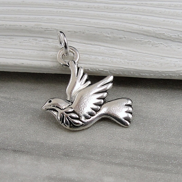 Peace Dove Charm, Silver Peace Dove Charm for Necklace or Bracelet, Dove With Olive Branch Charm, Peace Dove Necklace, Dove Bird Jewelry