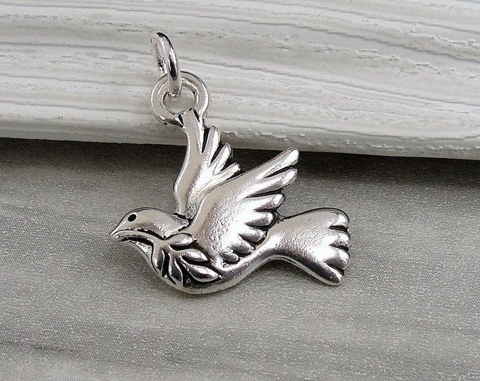 Peace Dove Charm, Silver Peace Dove Charm for Necklace or Bracelet, Dove With Olive Branch Charm, Peace Dove Necklace, Dove Bird Jewelry