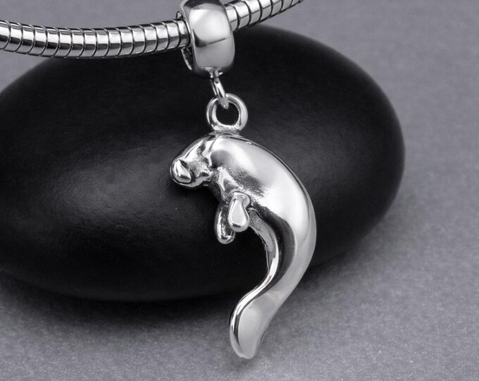 925 Sterling Silver 3D Manatee Dangle Charm, Sea Cow Pendant with Bail, Aquatic Marine Jewelry, Florida Beach Gift