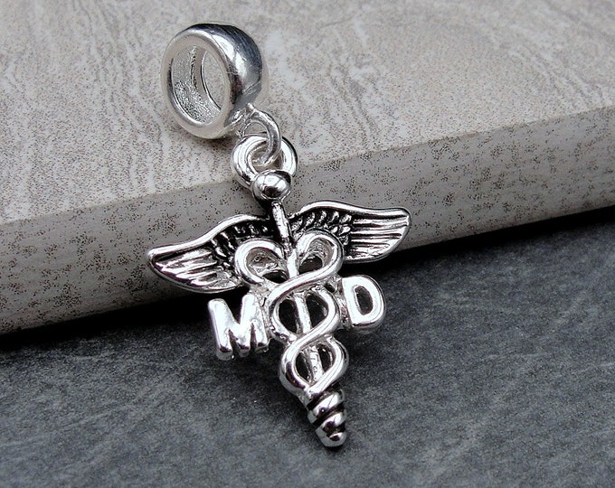 Silver MD Caduceus Dangle Charm, MD Doctor Symbol Charm, MD Caduceus Pendant, Medical Doctor Charm, Doctor Gift, Doctor Jewerly