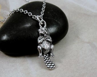 Beaver Necklace, Silver Plated Beaver Charm on a Silver Cable Chain