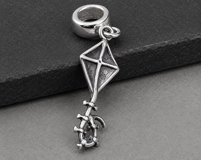 Sterling Silver Kite European Dangle Charm, Flying Kite Pendant, Large Hole Bead Bail, Kite Bracelet Charm, Kite Lover Gift Jewelry